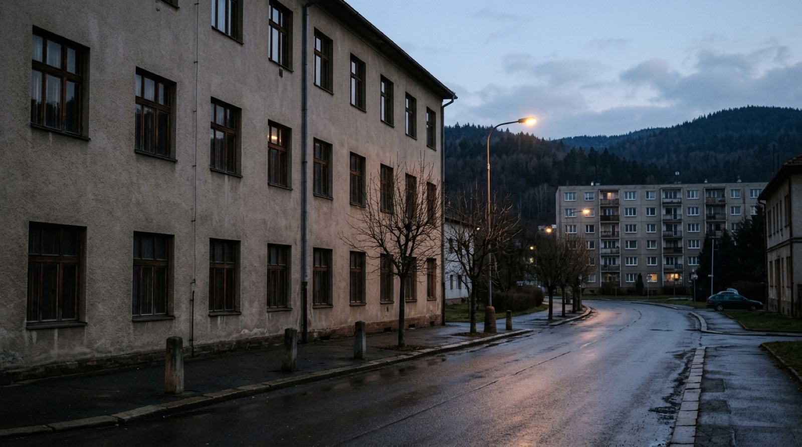 Večerní ulice menšího města pod Beskydami