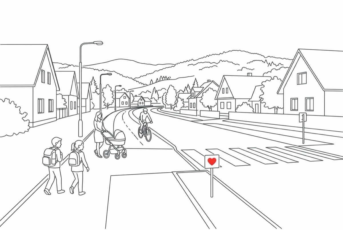 Kresba: nový chodník a přechod podél vesnické silnice, děti jdou do školy, cyklista na stezce